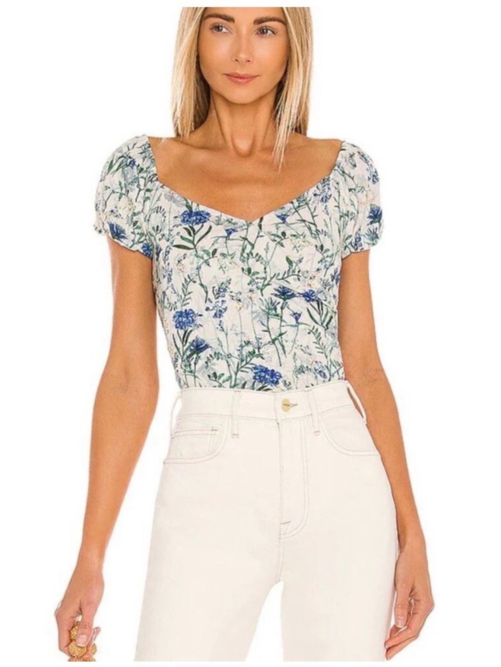 Astr the Label Surplice Blue Floral Puff-Sleeve Top Sz XL